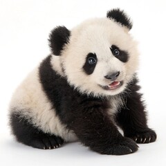 Cute panda cub sitting, white background