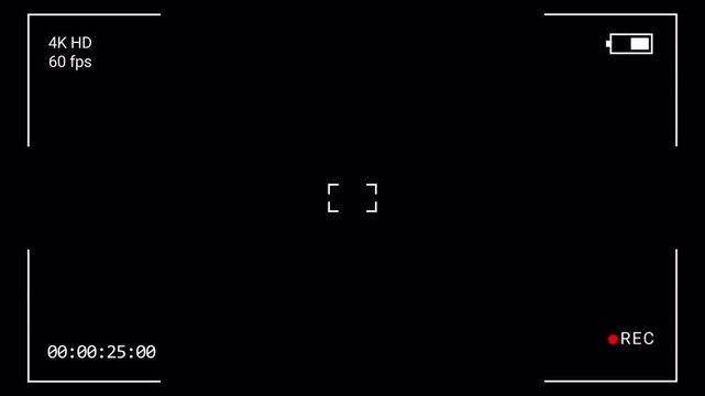 Video camera recorder screen overlay on a transparent background, 4K camcorder interface for video cameras with alpha channel, Camera recording screen interface with 15 second timer.