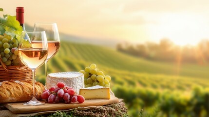 Elegant wine and cheese picnic in a vineyard at sunset