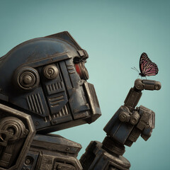 Robot Butterfly Contrast Technology Mechanical Artificial Innovation Nature Beauty Metal Colors Symbolism Delicate Interaction Metaphor Futuristic Design Imagination Expressive Vibrant Life Harmony