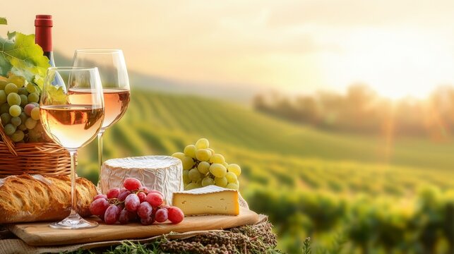 Elegant wine and cheese picnic in a vineyard at sunset