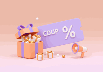 Special Offer Announcement Featuring A Generous Gift Box Filled With Present Boxes Accompanied By A Megaphone And A Discount Voucher Sign Illustrating A Promotional Event