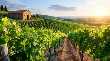 Serene vineyard landscape at sunset with a rustic farmhouse