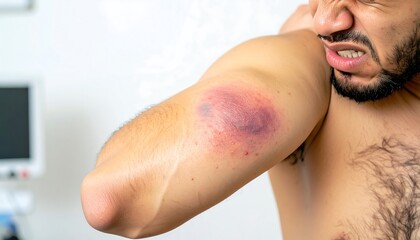 Close-up view of a large contusion on a man's upper arm.