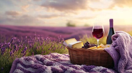 Romantic picnic in a lavender field at sunset