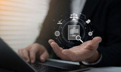 Businessman holding digital legal document icon with law justice scale contract and search symbols...