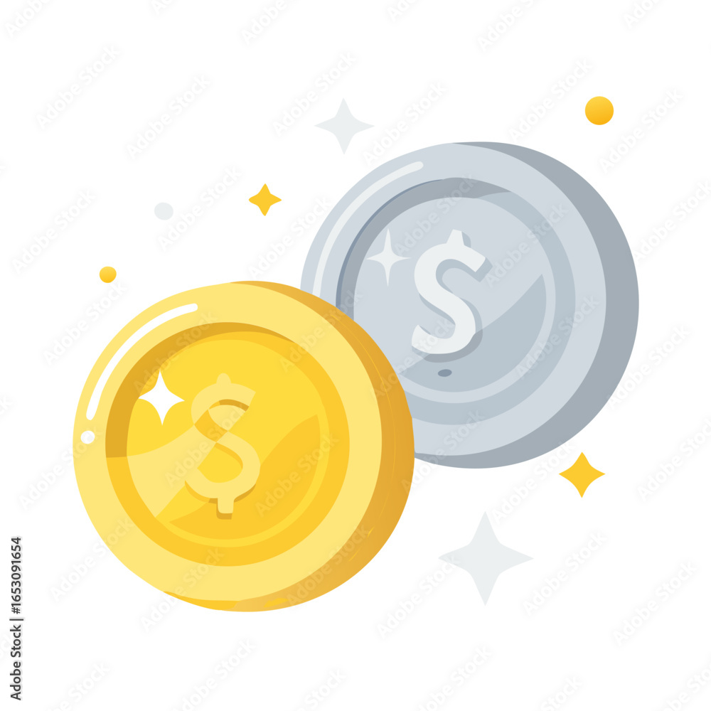 Poster gold and silver coin icon for game and mobile app with shiny effect. fantasy currency for ui design 
