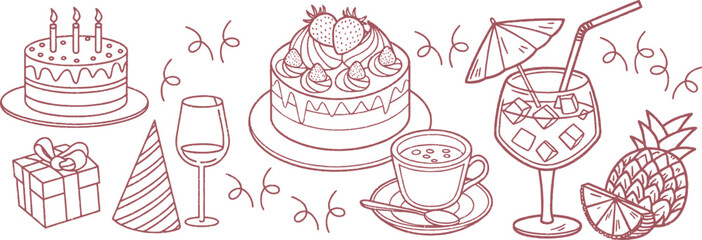 Hand drawn doodle party celebration set with birthday cake, gift, wine glass, cocktail, pineapple, and coffee. Festive sketch illustration for holiday, event, and decoration design. Outline vector art