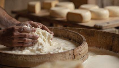 Hands manually curdle milk for traditional cheese-making in rustic wooden bowl. Artisanal process of dairy farming, fresh natural ingredient for wholesome food preparation and quality control.