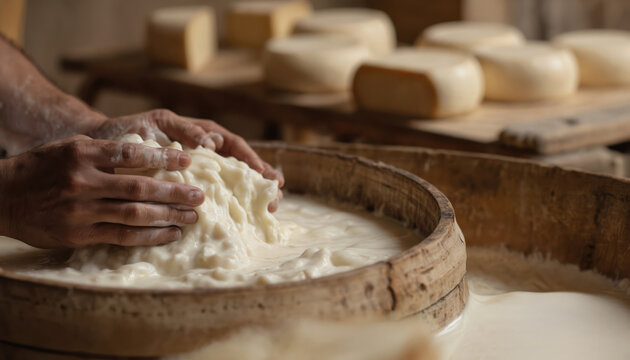 Hands manually curdle milk for traditional cheese-making in rustic wooden bowl. Artisanal process of dairy farming, fresh natural ingredient for wholesome food preparation and quality control. - Powered by Adobe