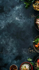 Fragrant curries styled on textured dark surface with open composition for text. space for text  Generative AI