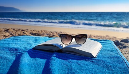 sunglasses and a book lie on a blue towel next to the ocean on a bright sunny beach day