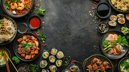 Moody flat lay with tandoori shrimp and rice set beside spacious text-friendly area. space for text  Generative AI