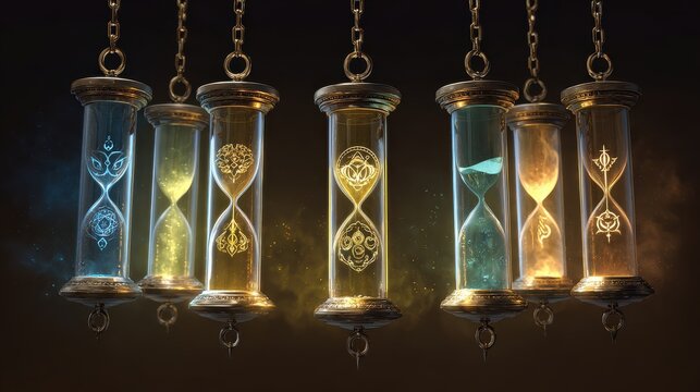 Circular hourglass arrangement with life icons, ideal for meditation guides and productivity