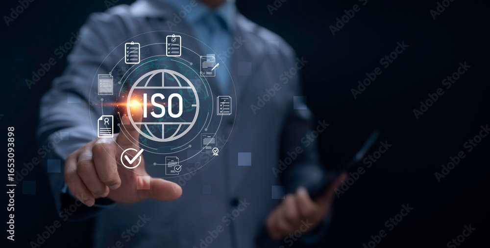 Poster businessman touching iso certification icon with global network and document symbols representing in