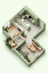 Modern green-themed apartment layout showcasing kitchen, living room, and bathroom design options