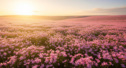 Fototapeta premium Vast field of vibrant pink flowers blooming under a golden sunset sky.