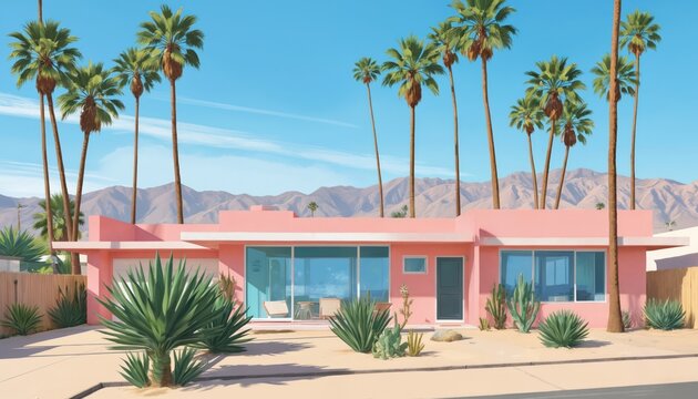 Classic pink Palm Springs house with desert plants, tall palm trees under bright blue sky. Mid-century modern architecture with iconic design set against distant mountains, evoking retro California
