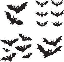 A collection of cartoon vampire bats in flight depicted as a striking black silhouette perfect for halloween themes and spooky designs