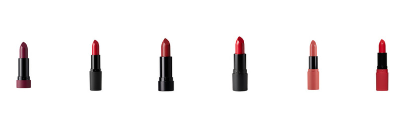 Fototapeta premium Matte lipstick bullet set isolated with various red and nude shades, cosmetic lipstick arranged as matte lipstick set, elegant beauty product isolated collection for makeup set theme