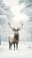 A majestic red stag with impressive antlers stands alone in a serene snowy forest, surrounded by white trees under natural light