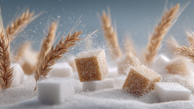 Abstract food science visualization with dissolving sucrose and grain