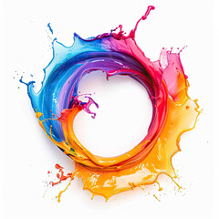 Ring-shaped splash of water with scattered drops captured against white. Generative AI