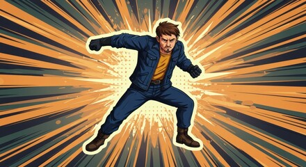 Comic book style hero in action pose against a sunburst background