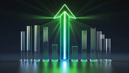 Futuristic glowing data visualization graph with neon light bars and line chart on dark background