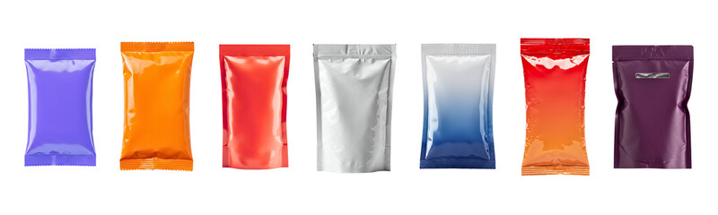 Colorful set of powdered drink sachets isolate on white background, set includes sealed packets in multiple tones for coffee, tea and supplements, packaging isolate concept