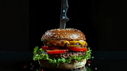 Rustic burger setup with stacked bacon, melted cheese, and leafy greens in moody lighting. Generative AI