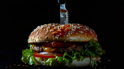 Artisan-style cheeseburger served with knife through top bun for bold culinary appeal. Generative AI