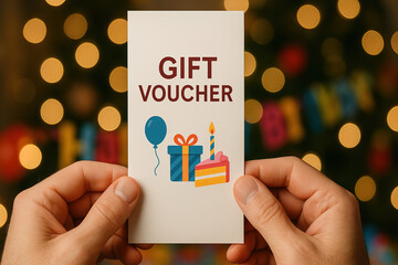 Gift Voucher with Festive Illustration Held in Front of Blurred Background