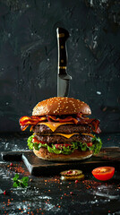 Double bacon cheeseburger with lettuce and tomato, pierced by a knife for dramatic styling. Generative AI