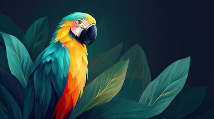 Colorful macaw bird among tropical leaves