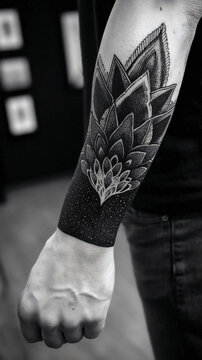Artistic Blackwork Tattoo Floral Leaf Design Arm Graphic Bold Ink Linework Stylish Ornamental Abstract Body Illustration Modern Male Fist Expression Culture Visuals Pattern Craftsmanship 