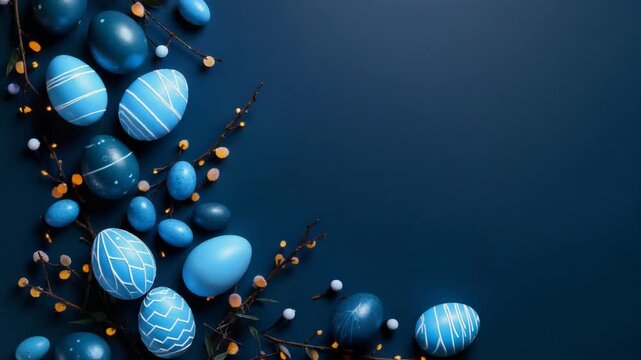 Easter eggs and pussy willow branches creating a festive border on dark blue background.