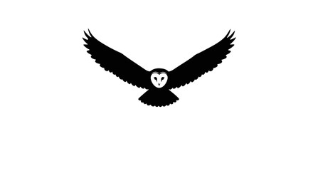 Obraz premium A striking black and white illustration of a barn owl in flight, its wings outstretched, with a white background for a clean, modern aesthetic