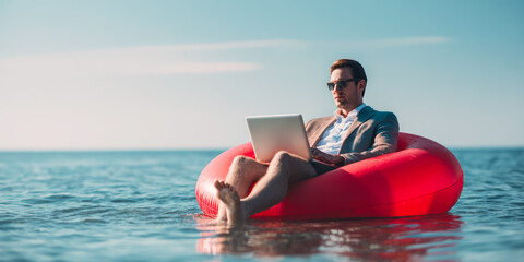 relaxes flexible work, financial freedom, work life balance, self employment business, passive income concept, funny businessman working floating in ocean sea in summer