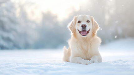 Happy dog enjoying a winter day in a snowy landscape with soft sunlight filtering through the trees. winter walks with dog