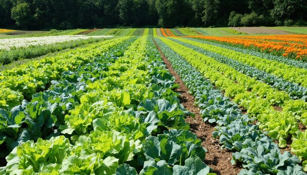 Extensive field seasonal crop rotation with distinct sections of lettuce, cabbage, orange flowers under clear blue sky. Orderly agricultural landscape emphasizes sustainable farming practices, - Powered by Adobe