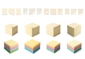 Fototapeta premium Assorted sticky notes and pastel memo pads isolated on transparent background; sticky note set includes stacked square blocks with curled edges in office or school theme