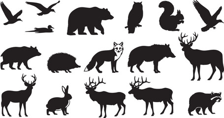 Naklejka premium Assortment of wild forest animal silhouettes on white background, deer, owl, bear, fox, eagle, hawk, squirrel, rabbit, wolf, hedgehog, duck, bird, mammal, wildlife, nature, forest, woodland, animal, s