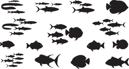 Assortment of fish silhouettes in different species, fish, silhouette, aquatic, ocean, sea, water, wildlife, animal, marine, creature, school, swimming, group, collection, set, illustration, graphic, 