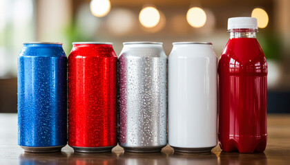 Refreshing beverages lined up on a wooden table in a well-lit indoor setting