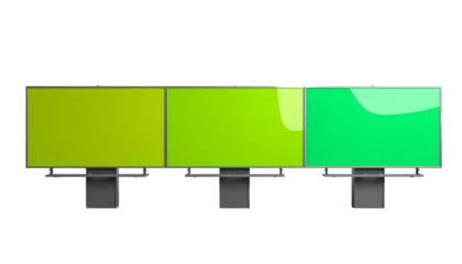 Three digital displays with green screens in a row
