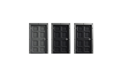 Three closed doors, various shades of gray, isolated