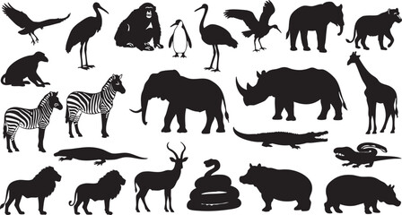 Collection of African and exotic animal silhouettes, elephant, rhino, giraffe, zebra, lion, gorilla, chimpanzee, penguin, stork, crocodile, lizard, snake, eagle, antelope, hippo, wild, nature, safari,