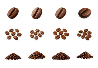 Obraz premium Realistic roasted coffee beans set, isolated on transparent background; includes whole beans, small piles, and detailed textures suitable for packaging, cafe branding, or beverage design