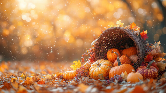 A traditional cornucopia overflowing with pumpkins, squash, and autumn fruits in vibrant fall colors under a warm sunlit background